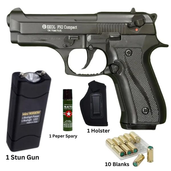 Ekol F92 Compact blank gun with Stun Gun, 10 Blanks, Pepper Spray | Holster Combo – Self-Defense Kit