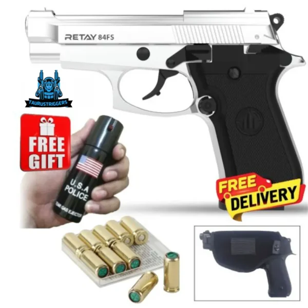 Retay 84FS Blank Gun chrome – Includes 10 Bullets, Pepper Spray, and Holster