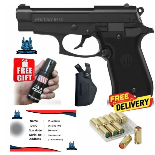 Retay 84FS Blank Gun – Includes 10 Bullets, Pepper Spray, Holster, and Card Permit