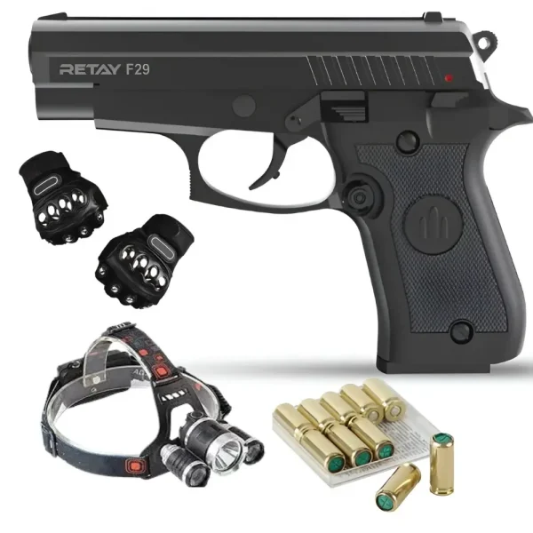 Retay F29 Blank Gun (Black) – Includes Gloves, Headlamp, and 10 Bullets