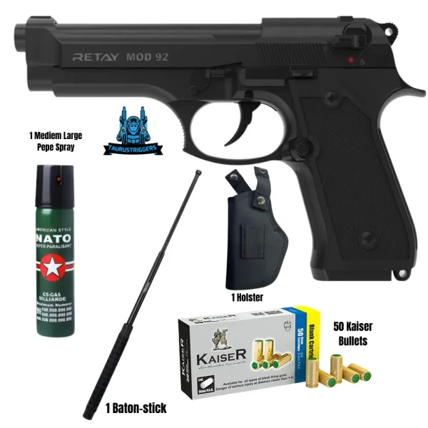 Retay Mod 92 Blank Gun – Includes Holster ,Button Stick, 50 Kaiser Bullets, and Pepper Spray